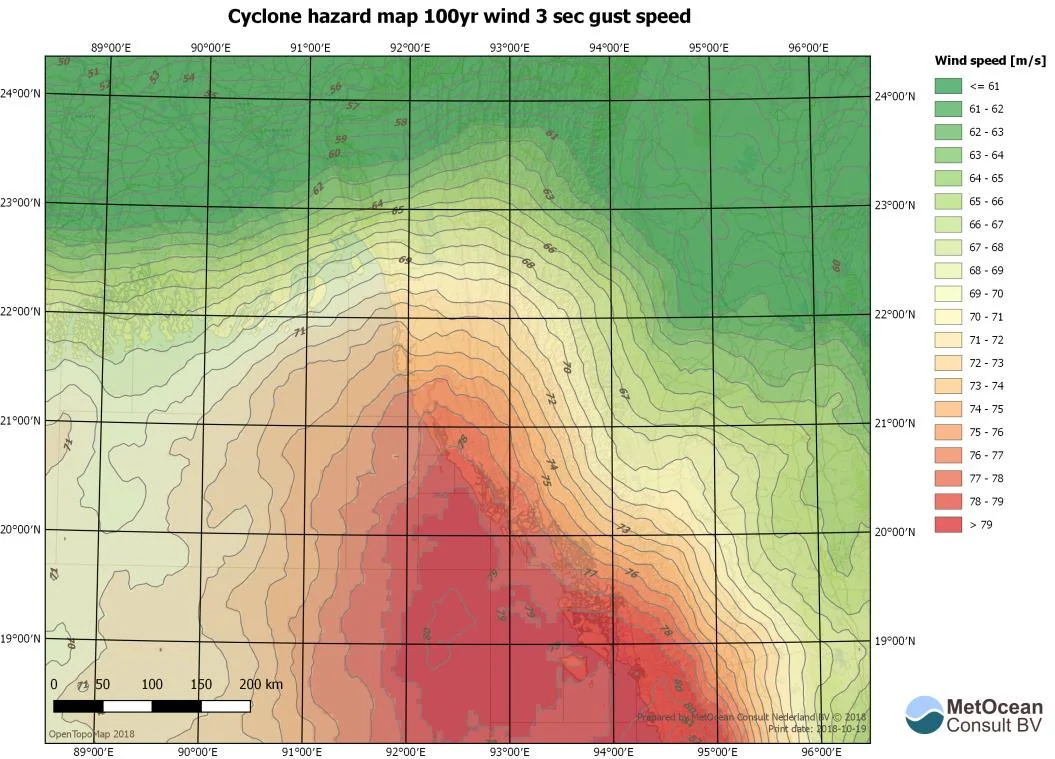 Cyclone hazard map: 100-year 3-second gust wind speed.