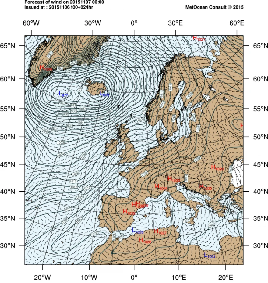 Wind and air pressure forecast, 24 hours ahead.