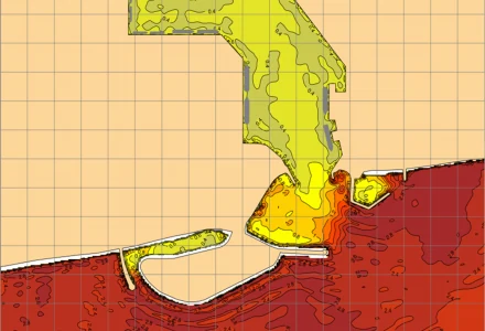 Wave height in a harbour computed with SWASH: Hambantota Port, Sri Lanka.